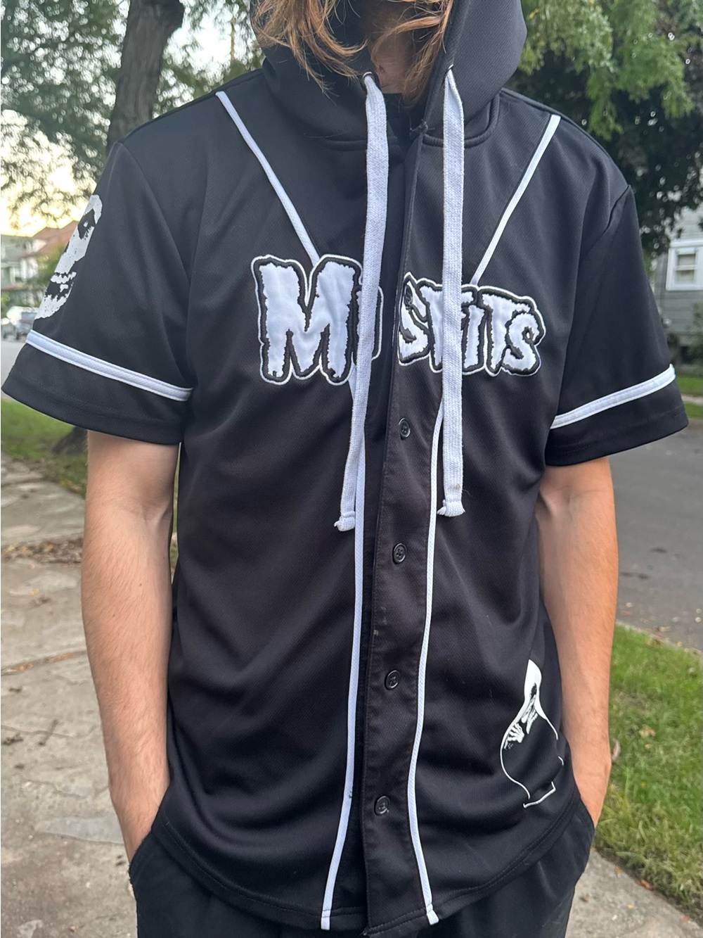 Black Hooded Baseball Jersey Shirt